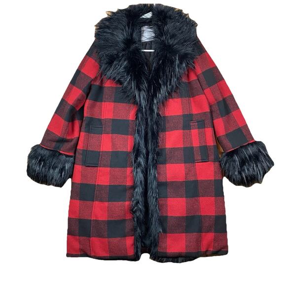 Bagatelle Collection Red Black Buffalo Plaid Faux Fur Trim Coat Jacket Small - Picture 1 of 13